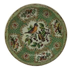 Vintage 70s Daher round scalloped metal bowl green birds cherries